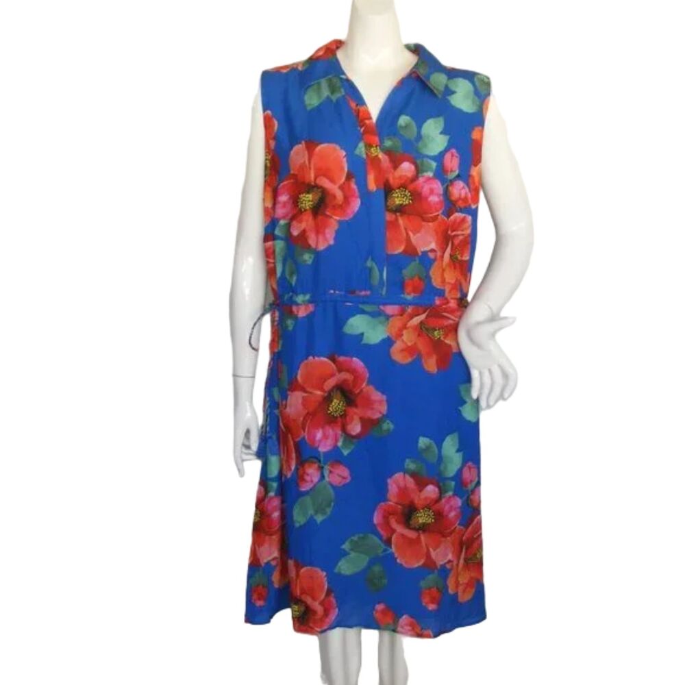 new FOXCROFT Dress, 16W, Blue, Red floral, Side Ties, Sleeveless